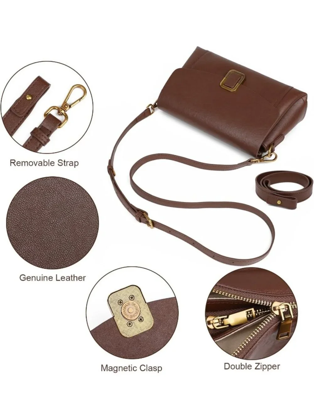 Women's Chocolate Genuine Leather Lightweight 2 Detachable Straps Crossbody Bags